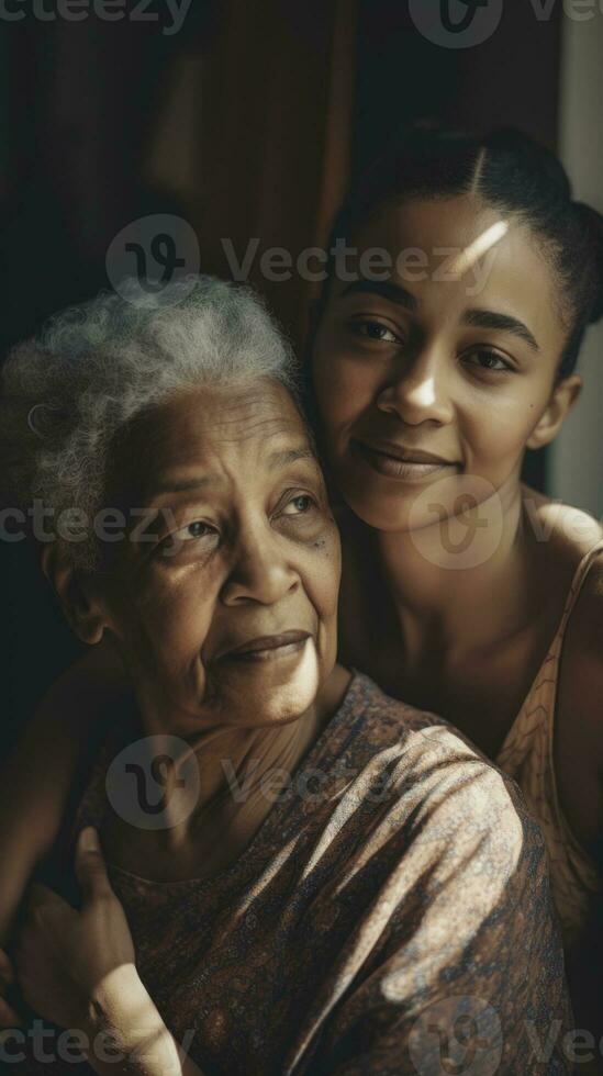 Two women embracing in a room. Elderly care concept. Generative ai photo