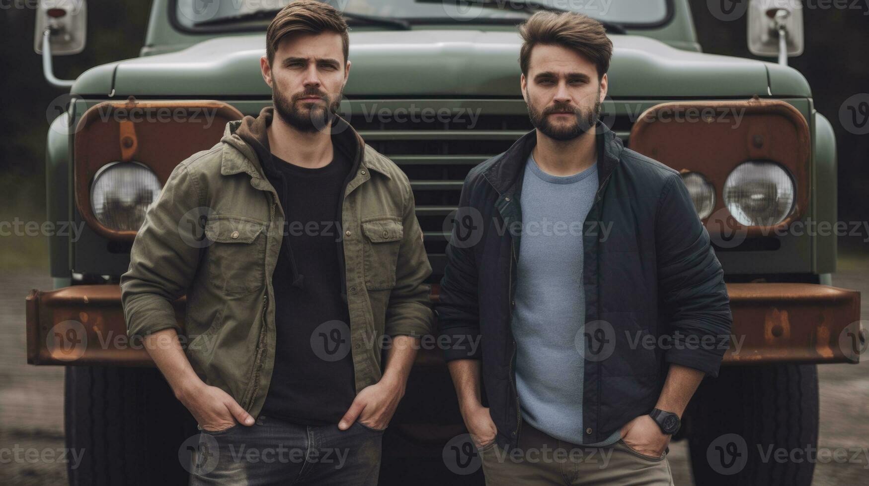 HyperRealistic photo of two men standing in front of a truck. Generative ai