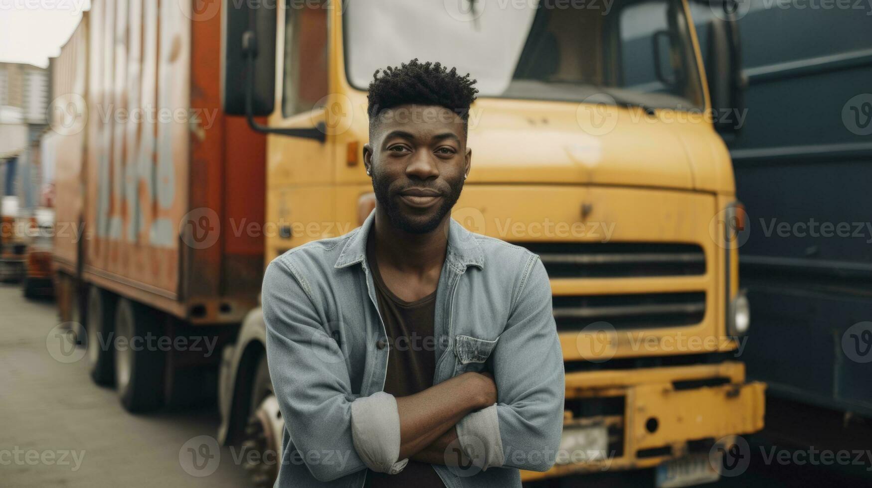 HyperRealistic photo of man standing in front of a truck. Generative ai