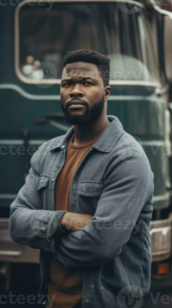 HyperRealistic photo of man standing in front of a truck. Generative ai