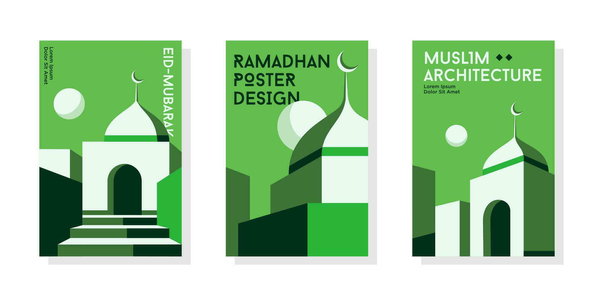 Minimal mosque poster set collection. Vector Illustration Geometric style green Islamic Ramadan Kareem banner, poster design.