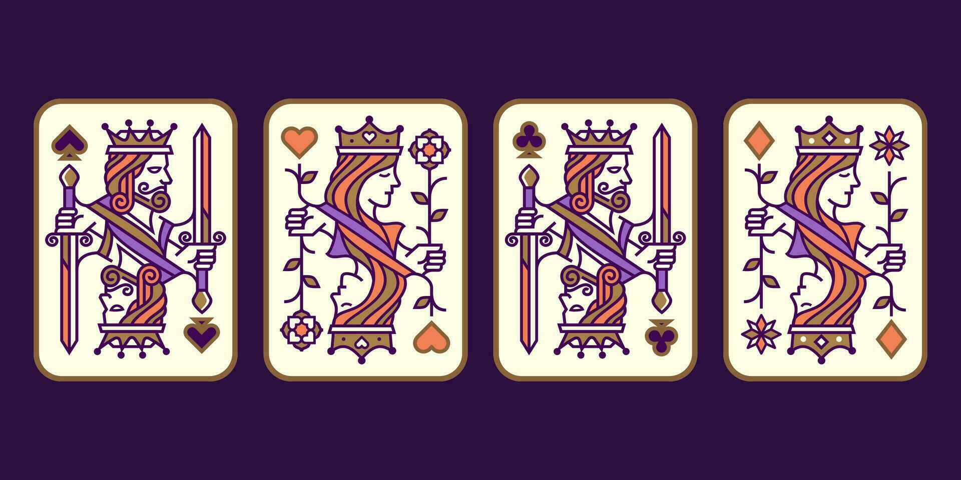 card deck design. set of King and queen colorful playing card vector illustration set of hearts, Spade, Diamond and Club, Royal cards design collection