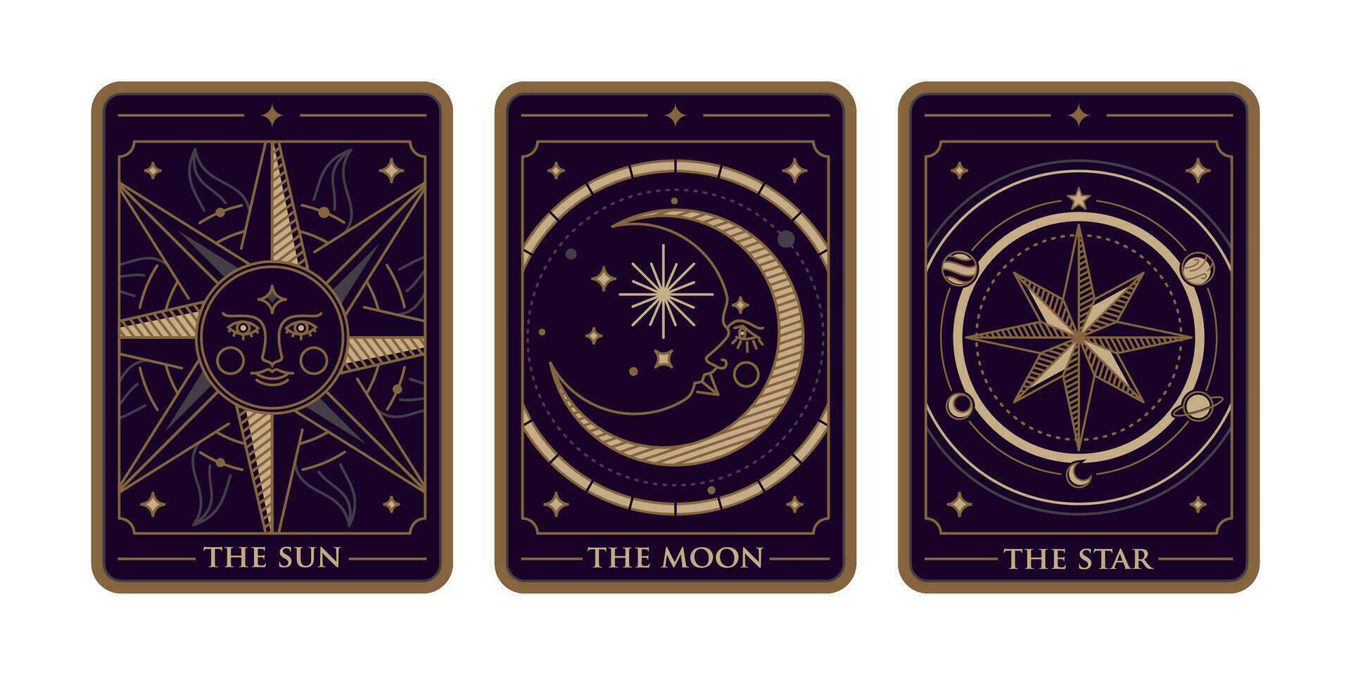 the sun, the moon and the star tarot card illustration vector. Vintage mystic sun, moon and star tarot card in ornamental line art style. Esoteric banner with astrology style. vector