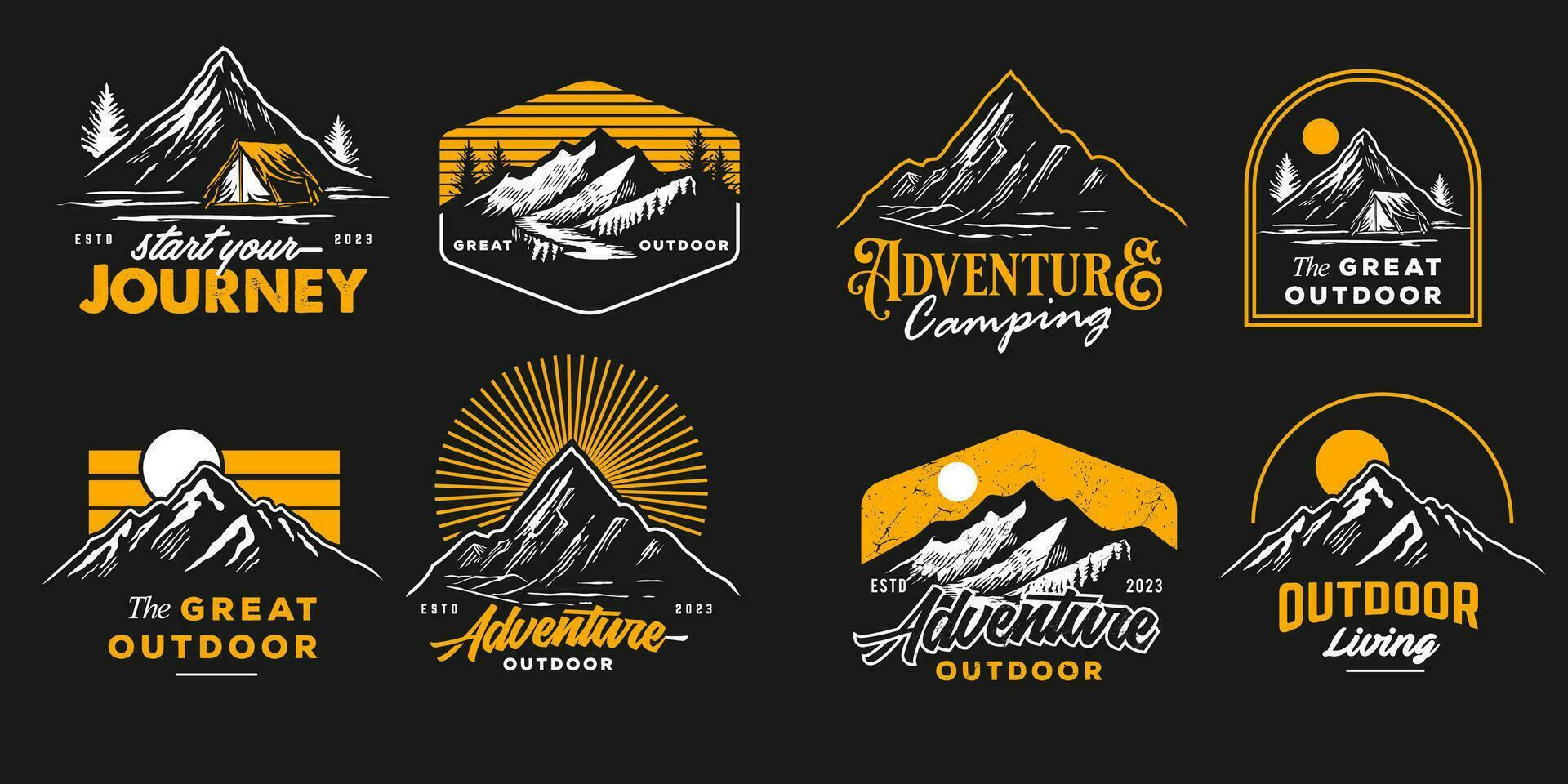 blanco y amarillo montaña aventuras hipster insignias en negro antecedentes. Clásico al aire libre montañas verano acampar logo parches vector emblema diseños genial para camisas, sellos, pegatinas logos y etiquetas