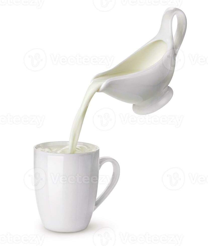 Pouring cream from creamer into cup with splash isolated on white background, flowing milk photo