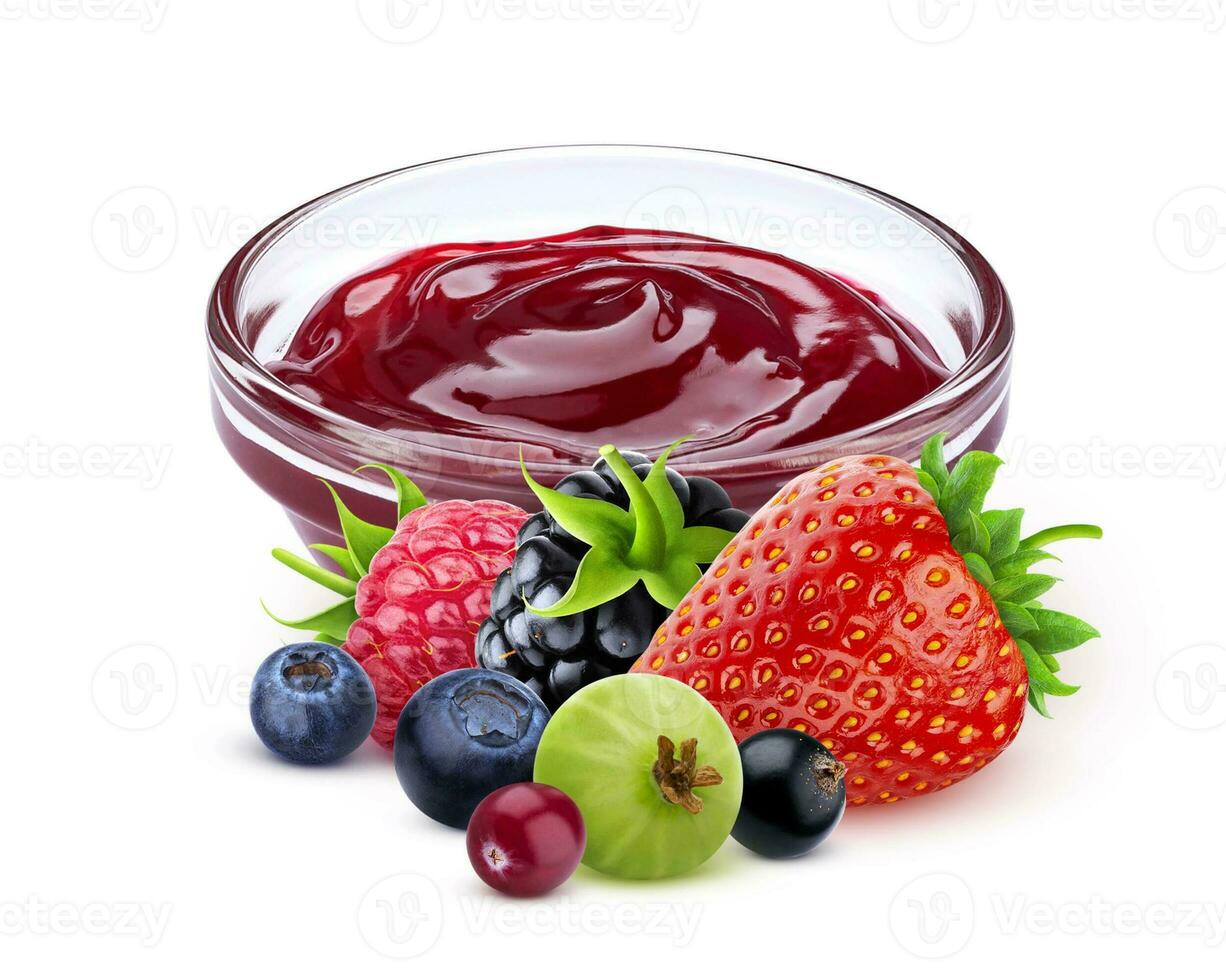 Berry jam isolated on white background with clipping path, set of wild berries photo