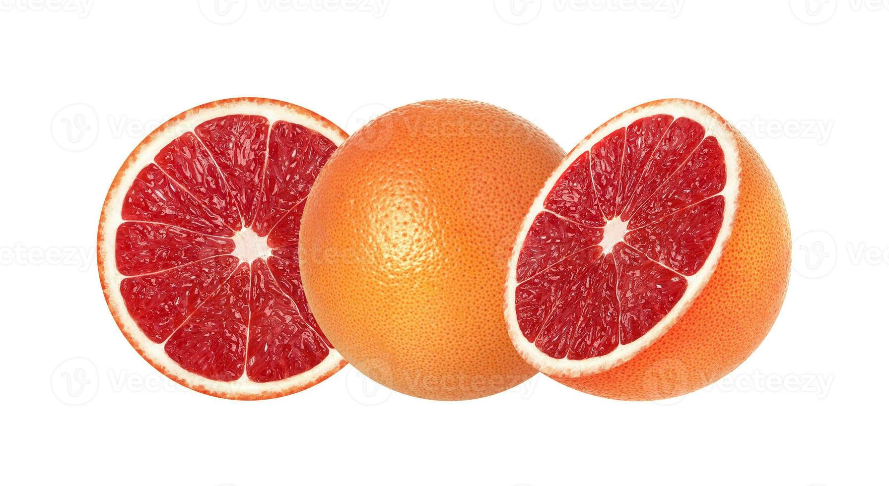 Whole and half pink grapefruits isolated on white photo