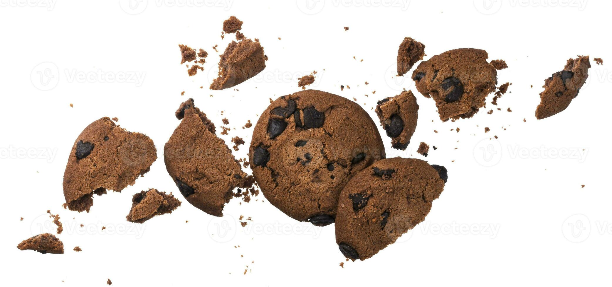 Broken chocolate chip cookies isolated on white background photo