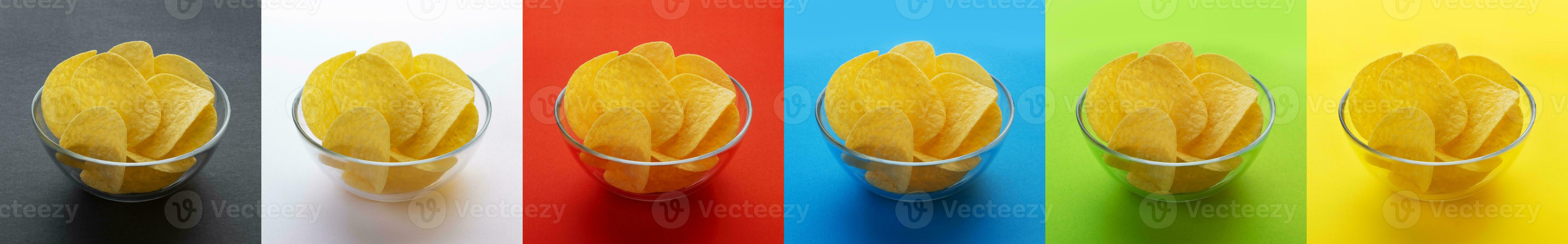 Potato chips in bowl isolated on different backgrounds, collection photo