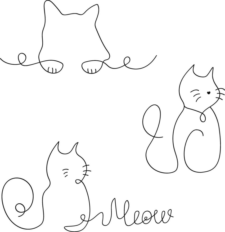 conjunto de gatos en uno línea Arte estilo. silueta de gato para imprimir, llavero, camiseta. vector ilustración
