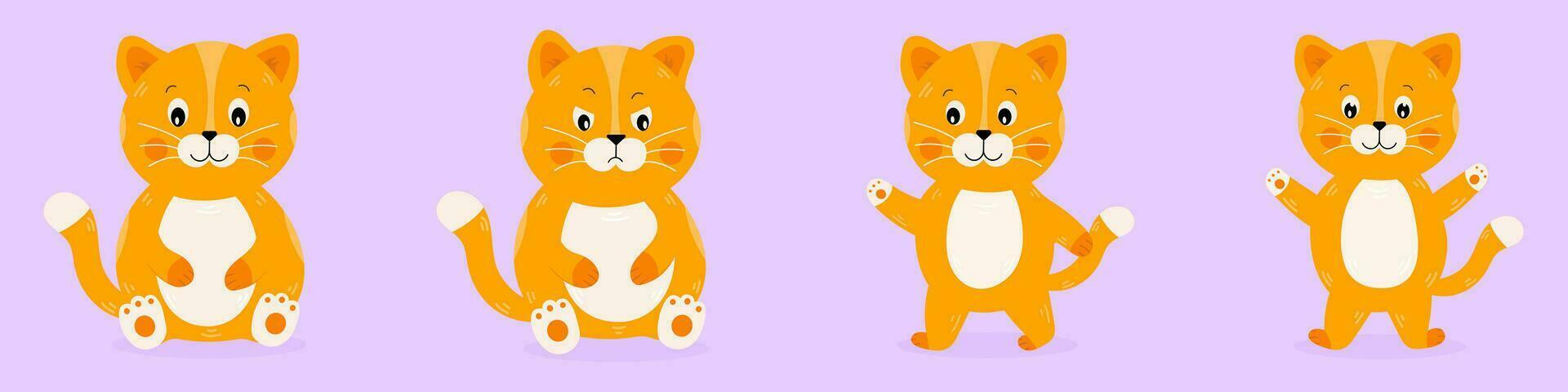 Set of cute cartoon red cats. Happy, grumpy, nice cat. Sitting, walking cat. Funny characters. Vector illustration