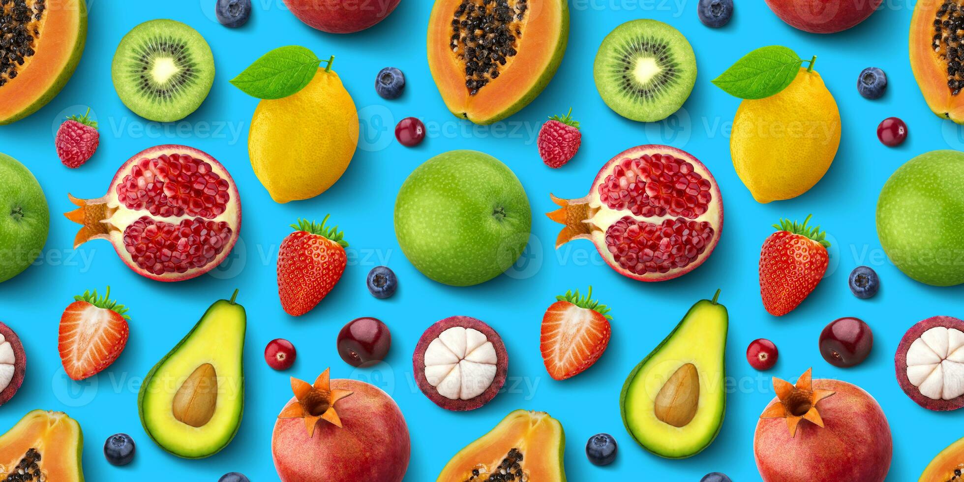 Seamless pattern of different fruits and berries, flat lay, top view, tropical and exotic texture photo