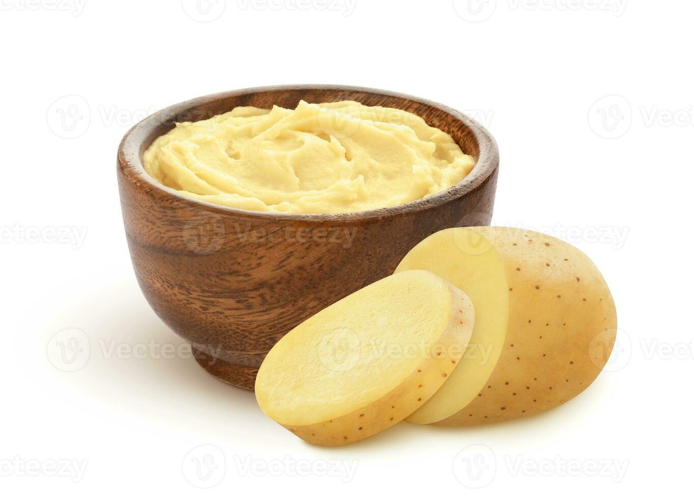 Mashed potatoes and sliced raw potato isolated on white background photo