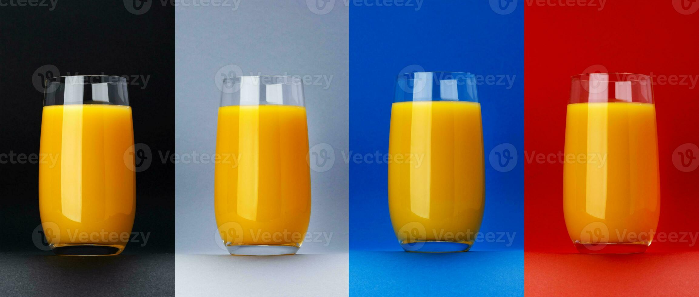 Glass of orange juice isolated on different color backgrounds photo