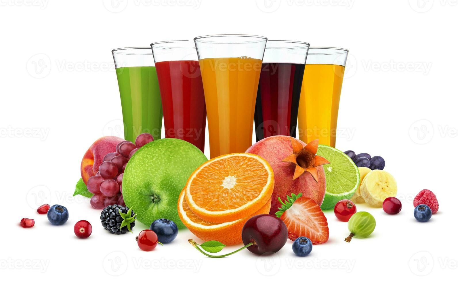 Glasses of different juice, fruits and berries isolated on white background photo