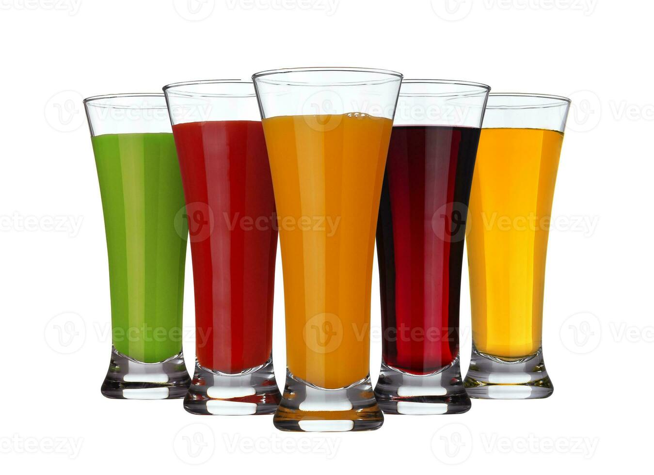 Fruit juice concept, glasses of different juices of fruits and vegetables isolated on white background photo