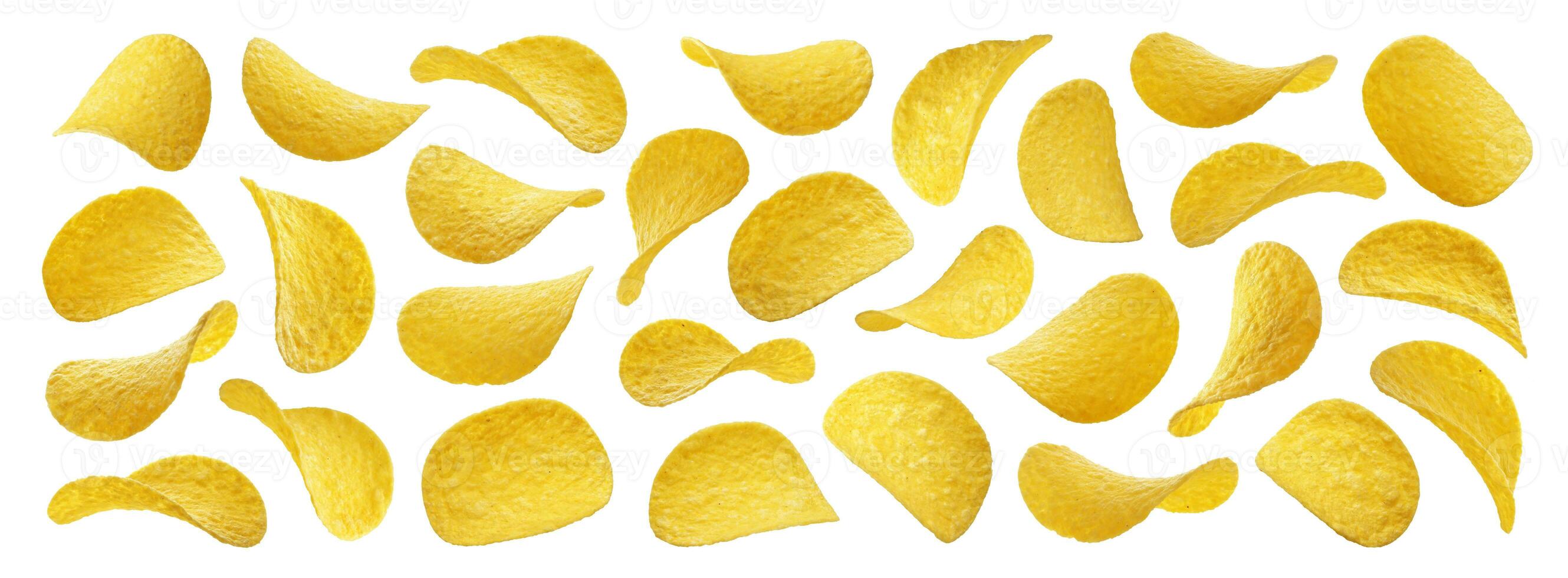 Potato chips isolated on white background, collection photo