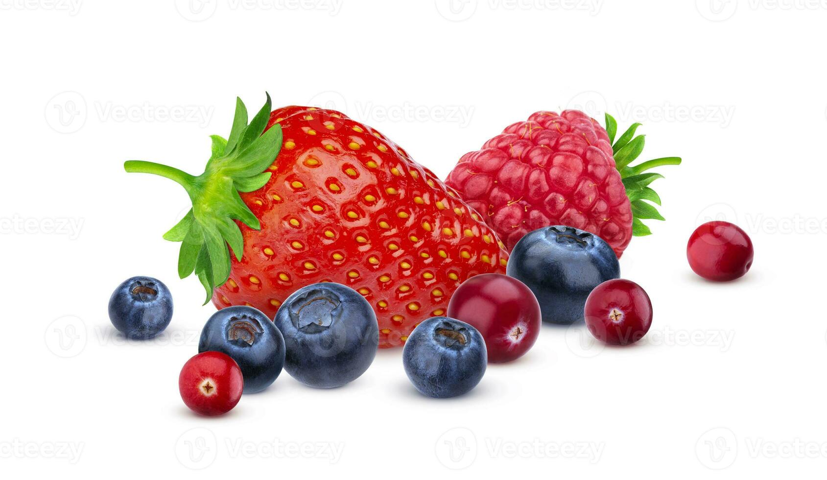 Pile of different wild berries isolated on white background with clipping path. Various type of berry fruits, collection photo