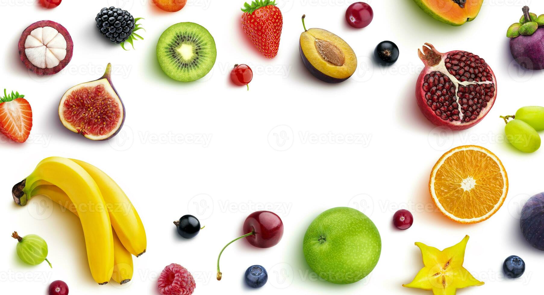Frame made of different fruits and berries, flat lay, top view photo