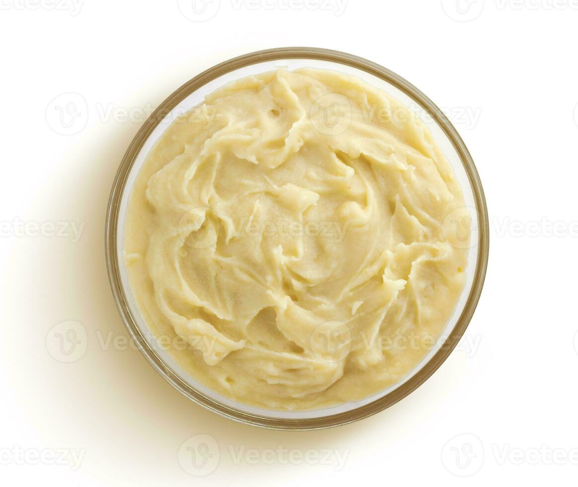 Mashed potatoes isolated on white background, top view photo