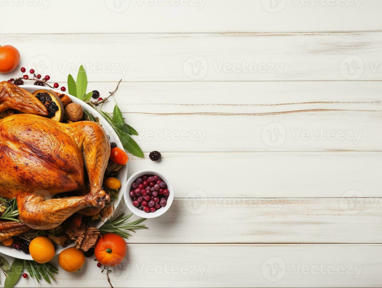 AI Generated Thanksgiving dinner cuisine with roasted turkey meal on wooden table background. photo