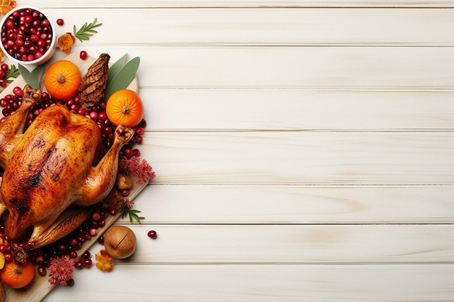 AI Generated Thanksgiving dinner cuisine with roasted turkey meal on wooden table background. photo