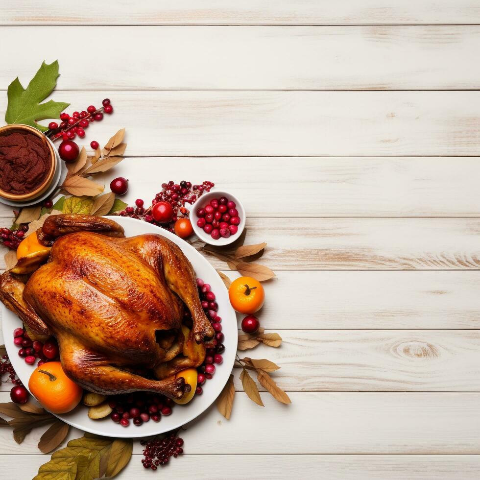 AI Generated Thanksgiving dinner cuisine with roasted turkey meal on wooden table background. photo