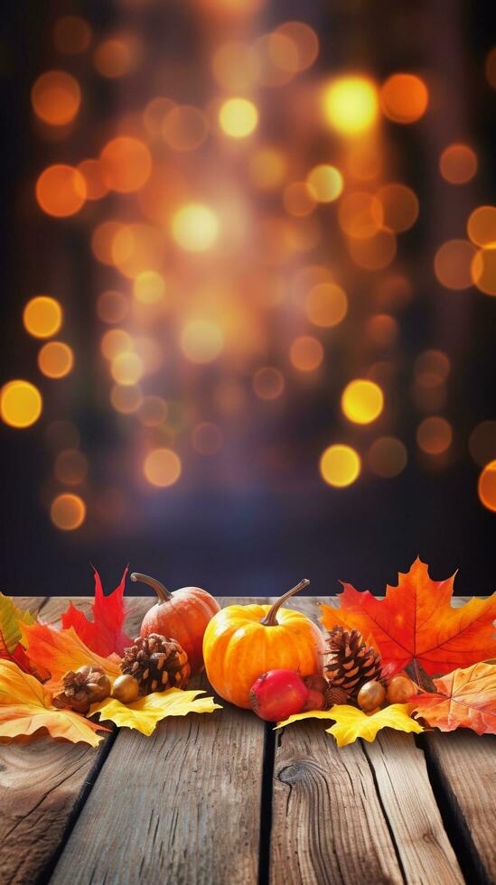 AI Generated autumn maple leaves on wooden plank stand table with glittering bokeh background for Thanksgiving day design concept. photo