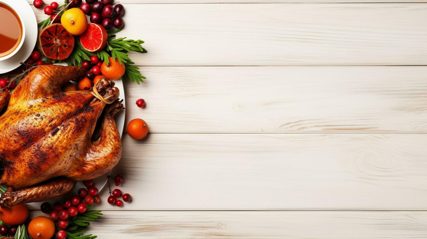 AI Generated Thanksgiving dinner cuisine with roasted turkey meal on wooden table background. photo