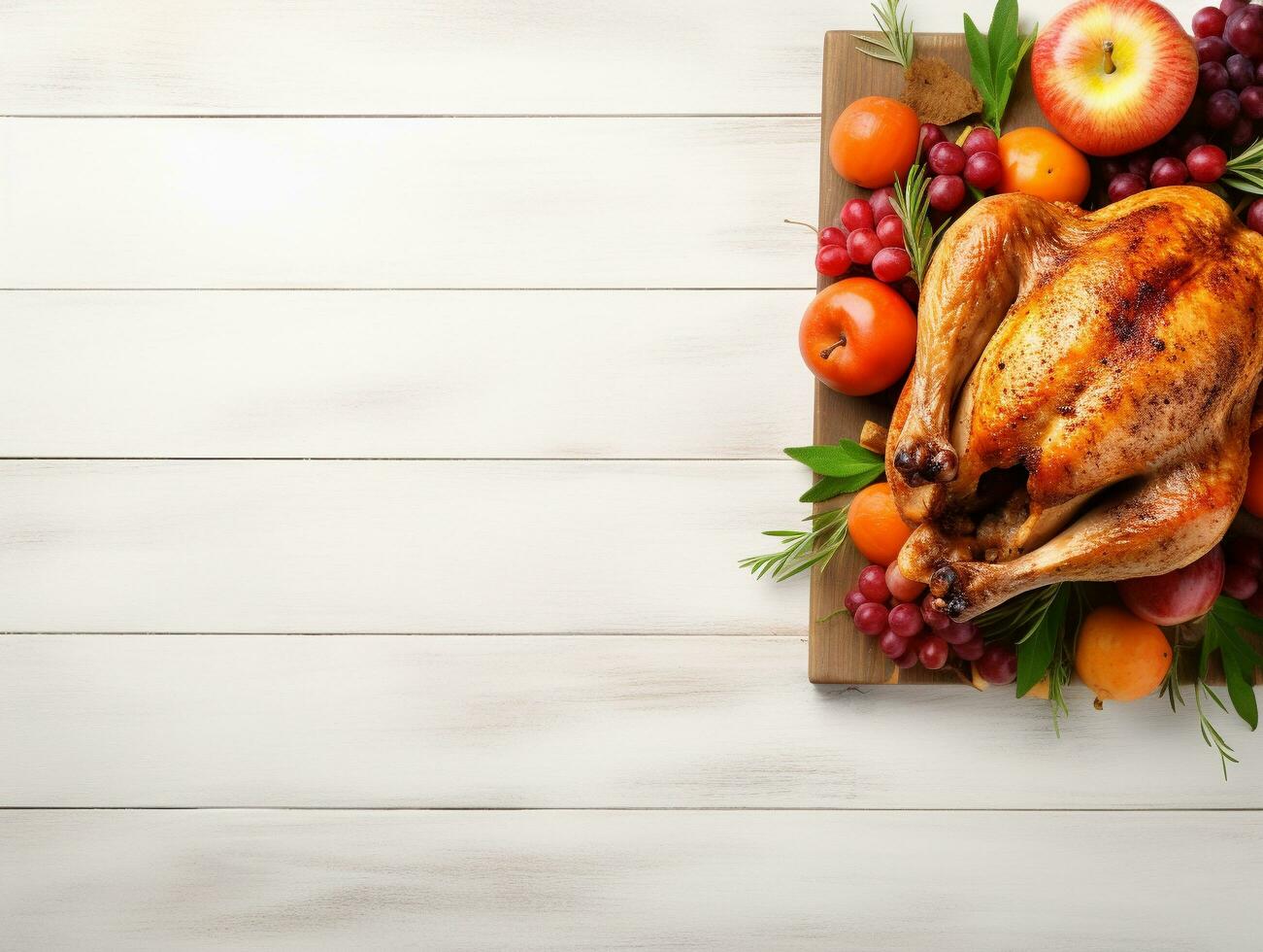 AI Generated Thanksgiving dinner cuisine with roasted turkey meal on wooden table background. photo