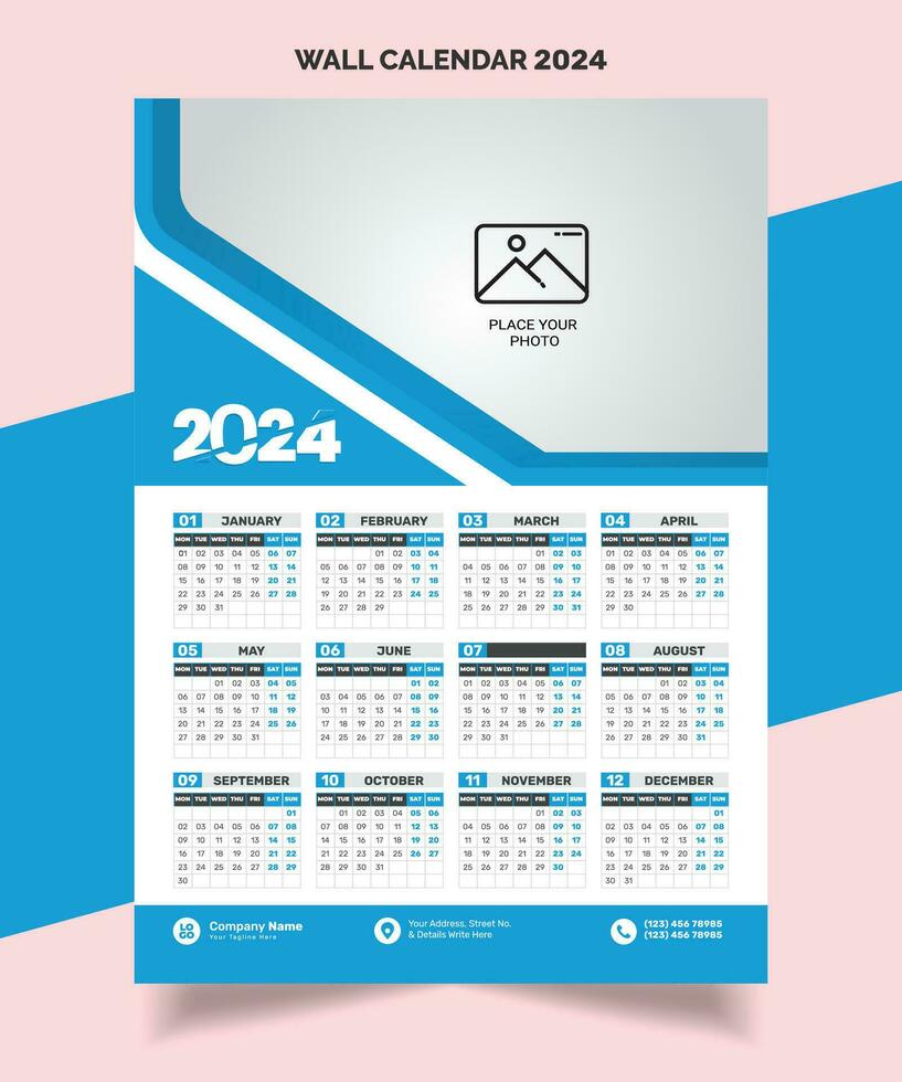 2024 Wall Calendar Template Design 2024 calendar single page, one page, vector