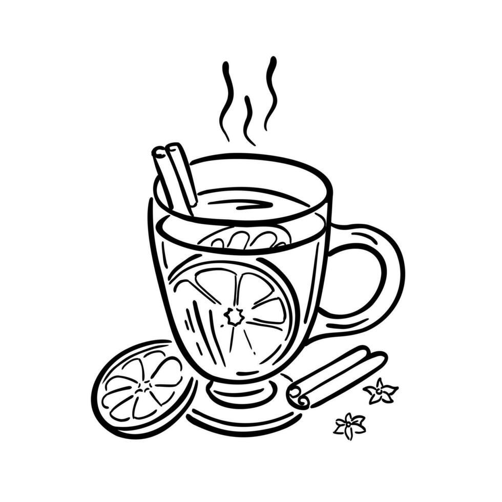 reflexionado vino en un vaso vaso con naranja y canela palo. invierno calentamiento beber. vector ilustración en grabado estilo.