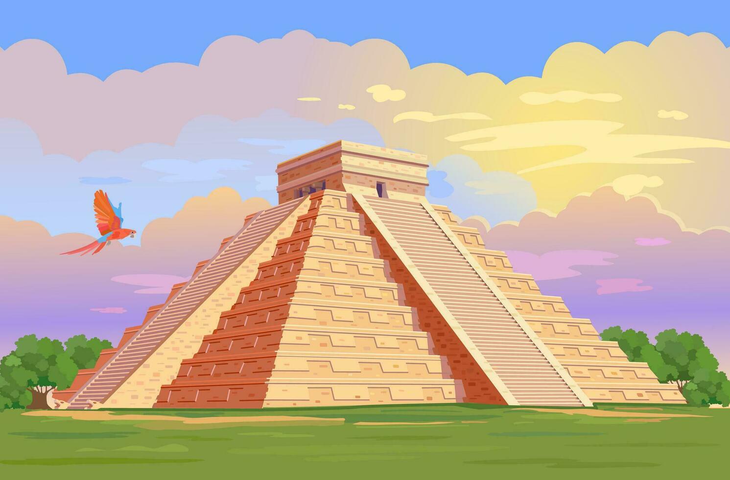 el castillo el kukulkan templo de Chichen itzá, maya pirámide en yucatán, México. vector ilustración de antiguo maya pirámides en el selva en tiempo de día