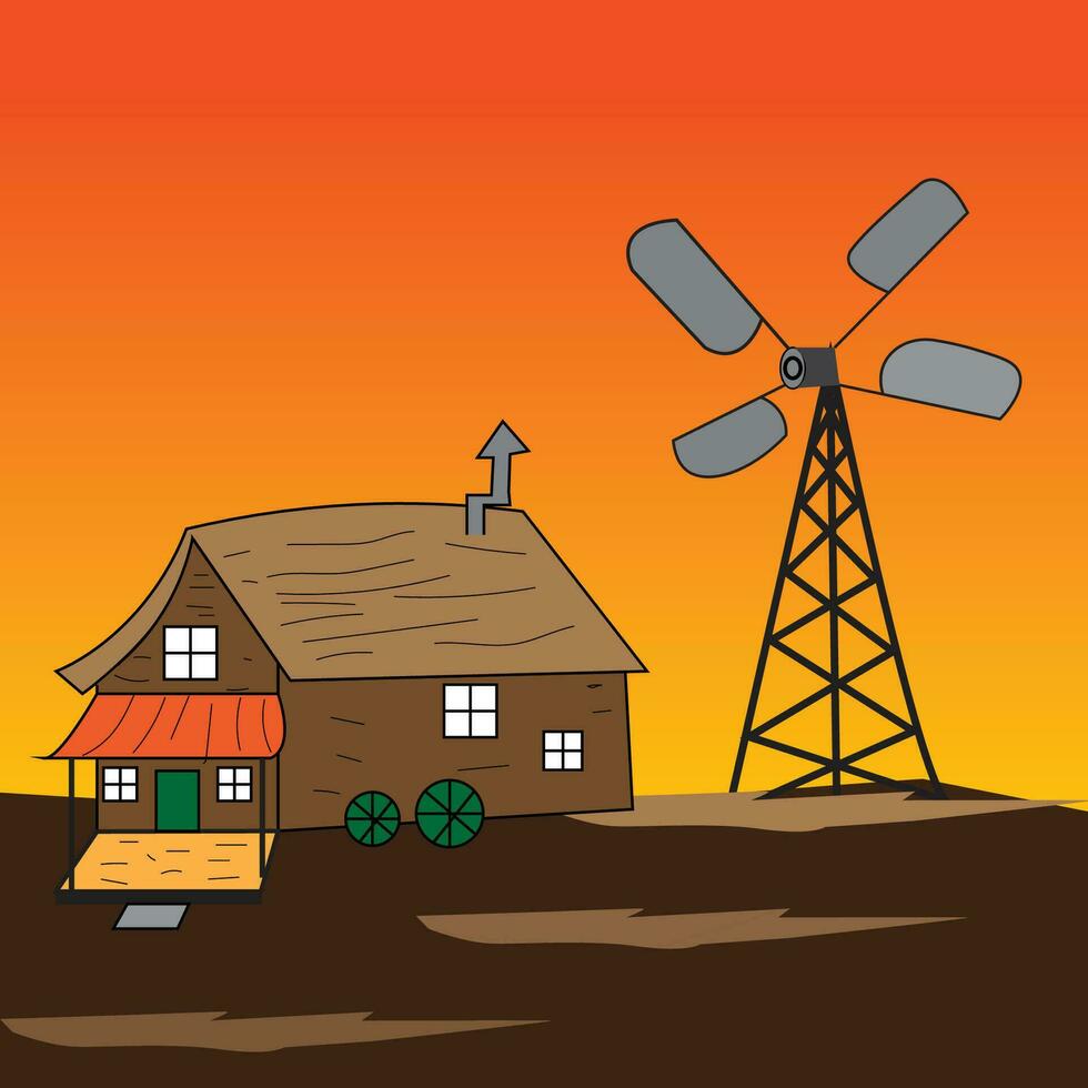 illustration of simple house isolated on evening background with air fan vector