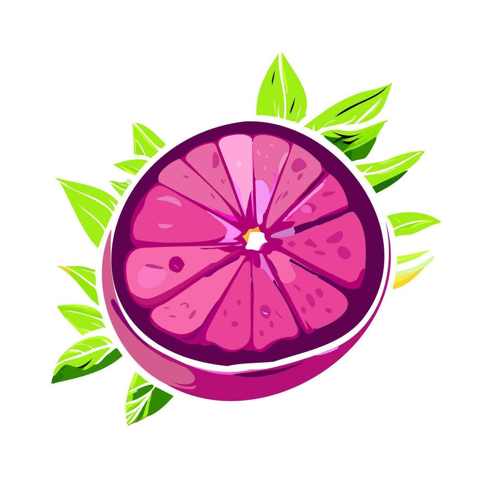 pink citrus with green leaves, grapefruit vector