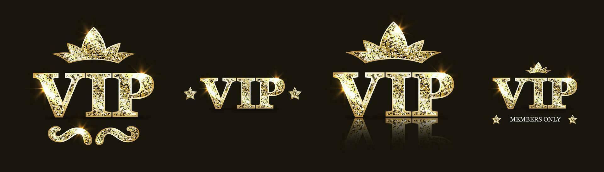 conjunto de dorado reluciente VIP íconos en negro antecedentes. muy importante persona. símbolo de exclusividad para lujo diseño. vector ilustración