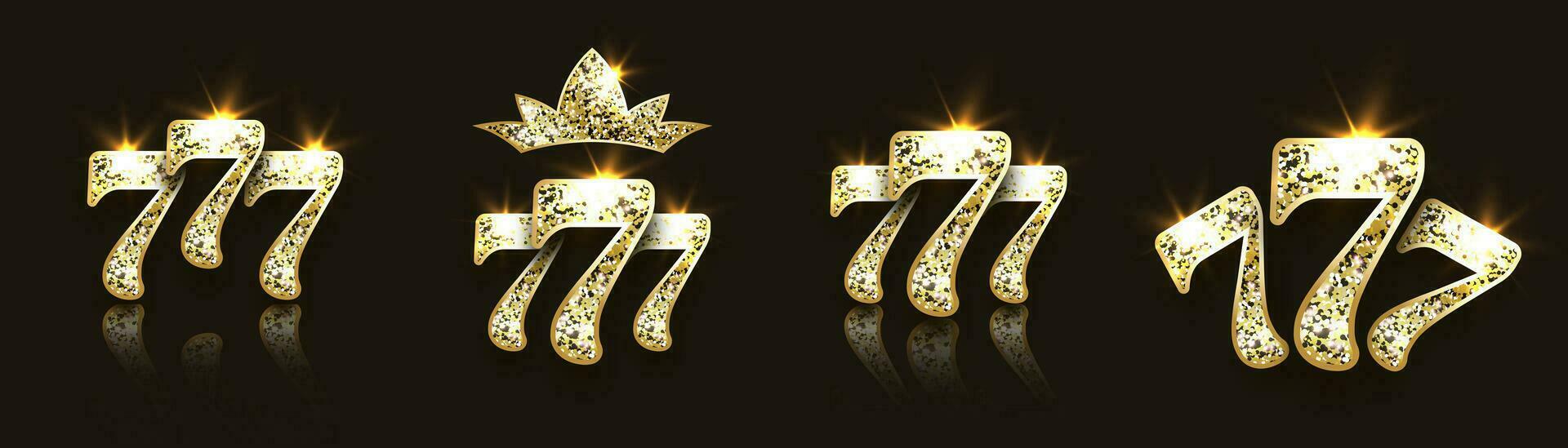 Set of golden glittering 777 icons on black background. Jackpot casino winning concept. Big win slots. Triple lucky sevens. Vector illustration