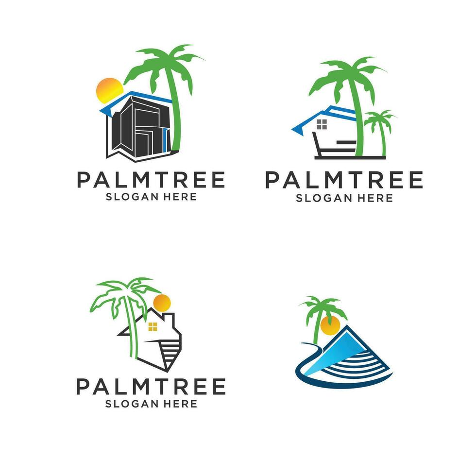 vector logo diseño modelo con palma arboles - resumen verano y vacaciones insignias y vacaciones alquileres, servicios.