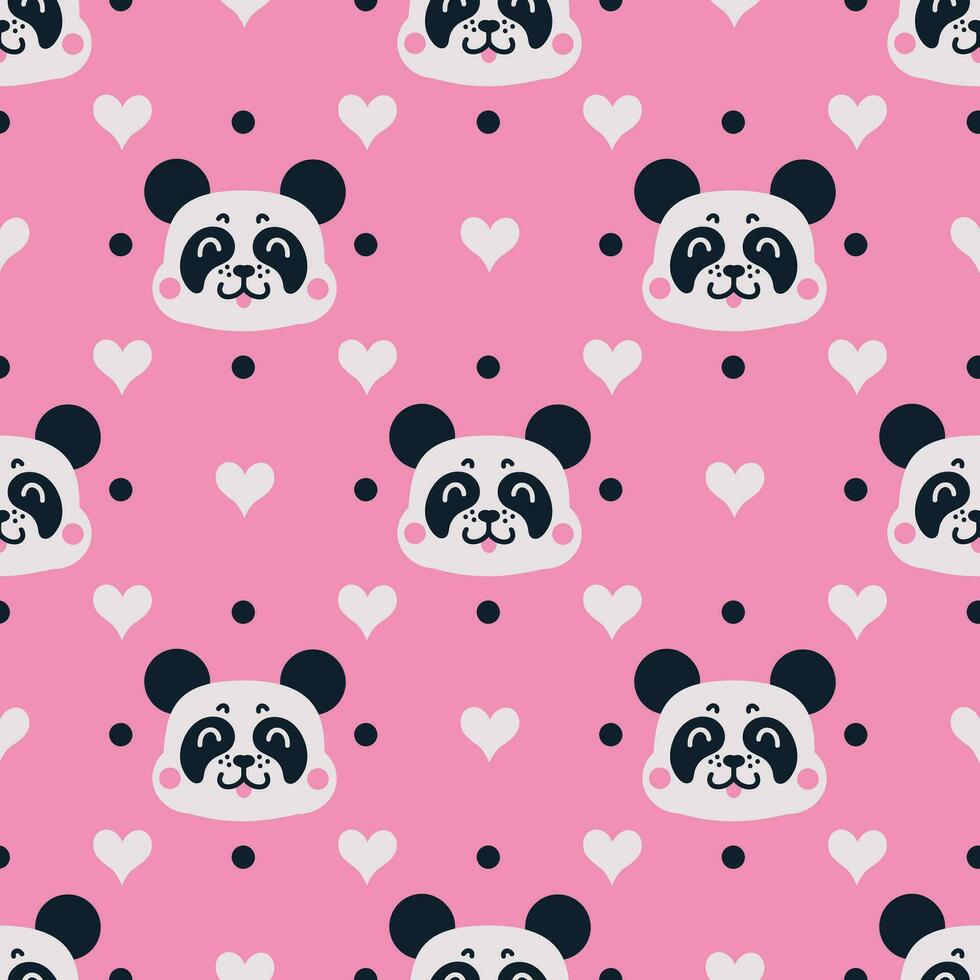 Cute panda face seamless vector pattern. Smiling baby bear with hearts, polka dots on a pink background. Funny animal, bright backdrop for girls. Flat cartoon illustration for fabric, wallpaper, print