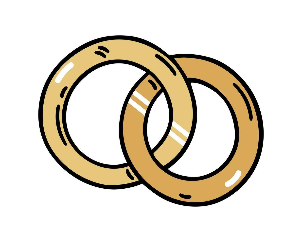 Pair of golden wedding rings, vector icon. Symbol of bride and groom, love, marriage, engagement. Shiny jewelry for husband and wife. Bright cartoon doodle isolated on white. Clipart for print, web
