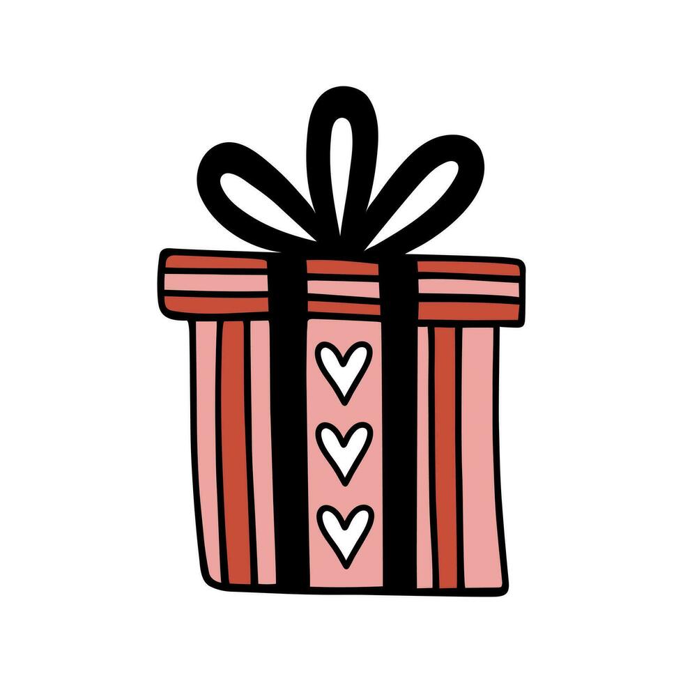 Bright gift box with a present inside, vector icon. Holiday surprise with ribbon, bow, hearts. Striped red-pink container for Birthday, Valentines Day, party. Hand drawn doodle isolated on white