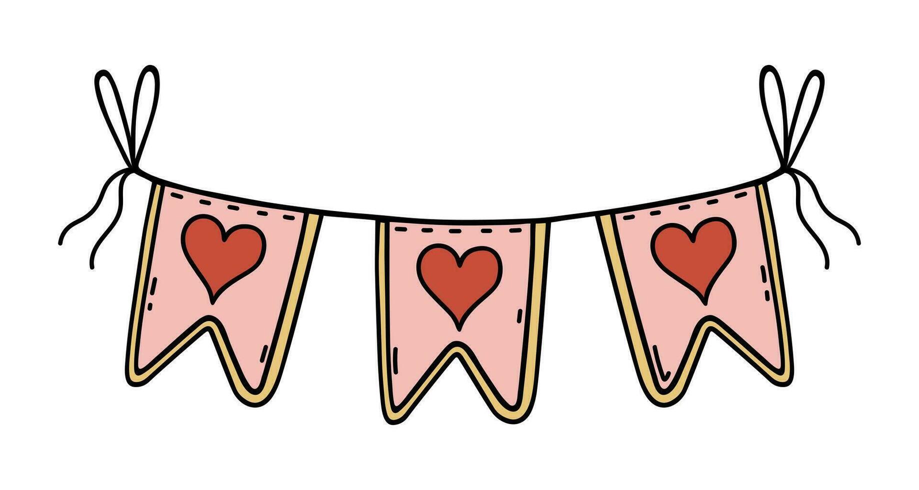 Bright garland with heart, vector icon. Cute holiday red and pink flags hanging on a rope with bows tied. Decoration for Valentine's day, love party, date, wedding. Romantic doodle isolated on white