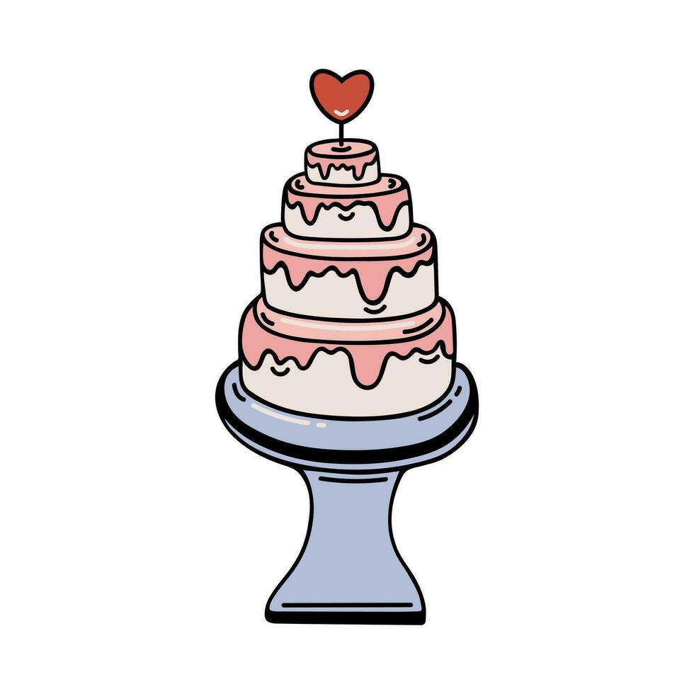 Tiered wedding cake vector icon. Tasty festive pie with cream, decorated with a heart. Fresh baked goods on a stand. Bright pink dessert for marriage, love party. Cartoon clipart isolated on white