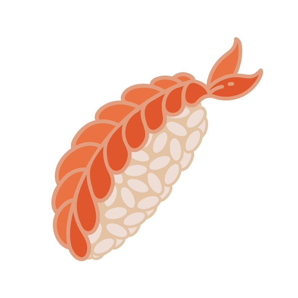 Fresh nigiri vector icon. Tasty Japanese sushi with rice and shrimp. Traditional Asian roll with prawn. Raw seafood appetizer. Hand drawn illustration isolated on white. Cartoon clipart for print, web