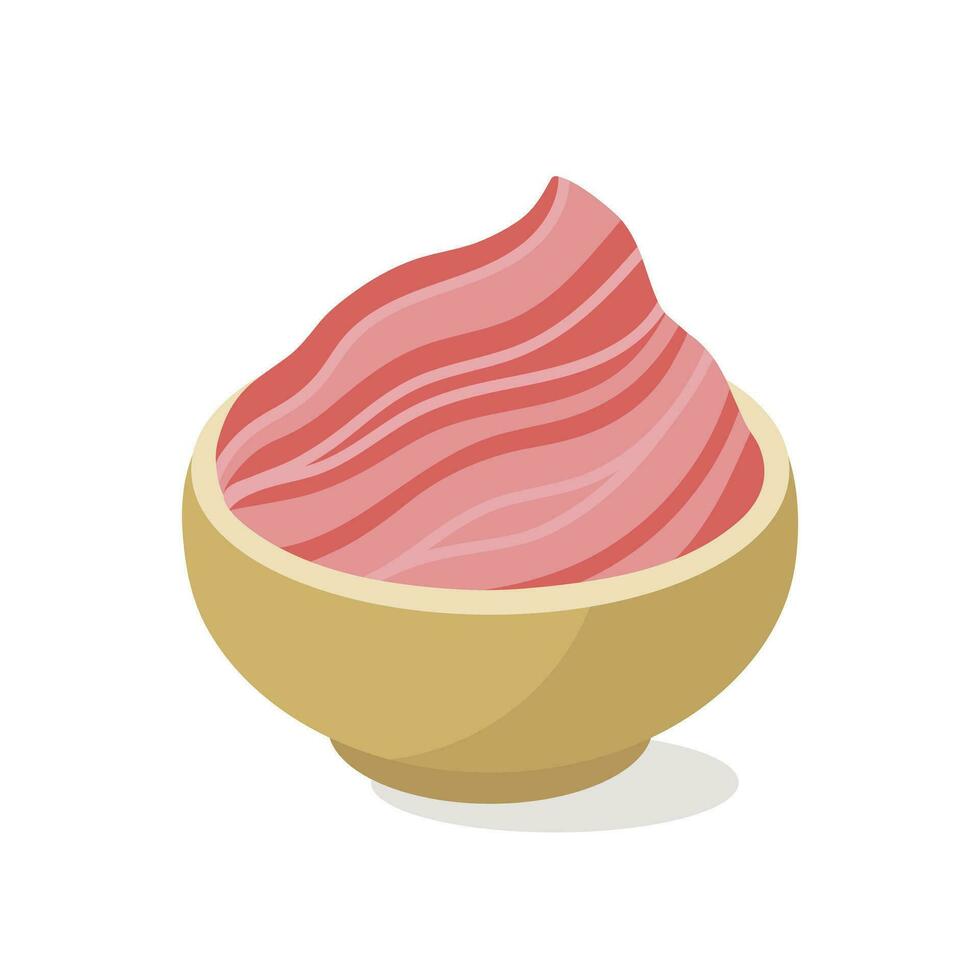 en escabeche rosado jengibre vector icono. tradicional asiático aperitivo en un de madera platillo. sabroso picante Condimento para Sushi, rollos ilustración aislado en blanco. plano dibujos animados clipart para carteles, imprimir, menú