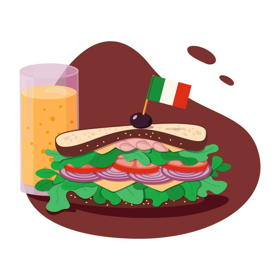 Fresh sandwich with orange juice. Lettuce, onions, tomatoes, ham, cheese with fresh bread vector