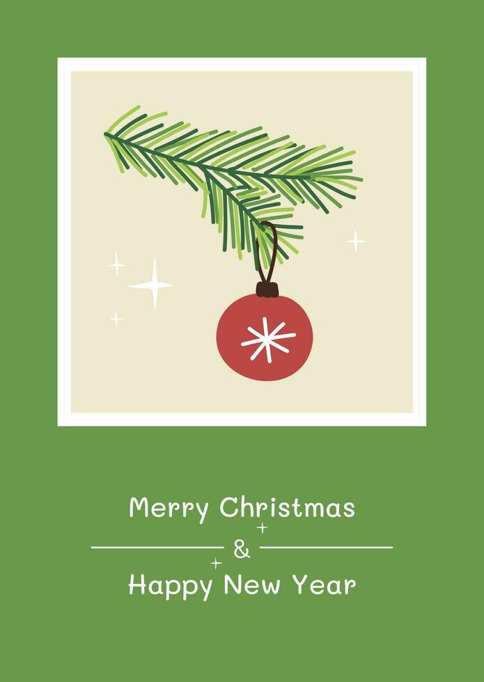 Christmas and New Year greeting card with Christmas Tree Decoration and greetings text for winter holidays vector