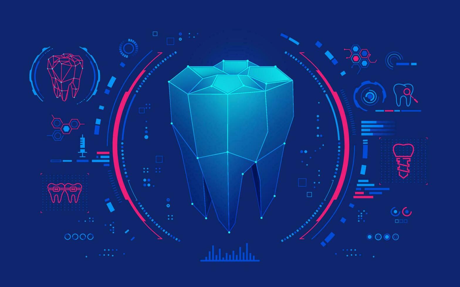 concepto de médico dental tecnología, gráfico de bajo escuela politécnica diente con médico elemento interfaz vector