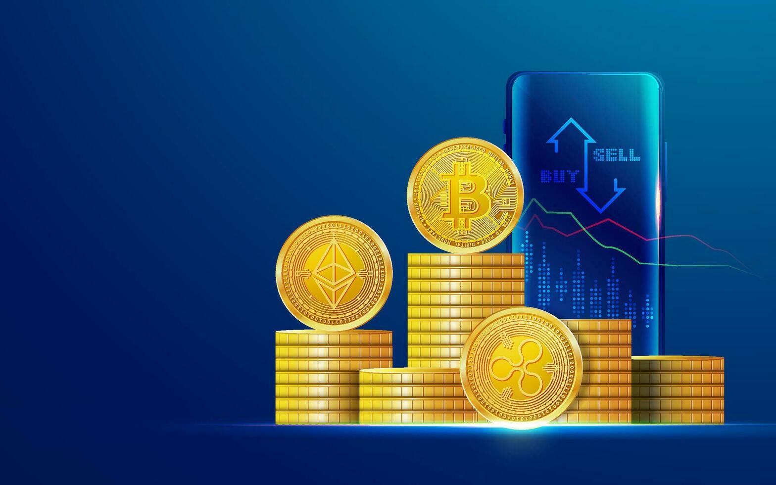 concept of crypto wallet or cryptocurrency investment, graphic of golden crypto coins with stock exchange mobile application vector