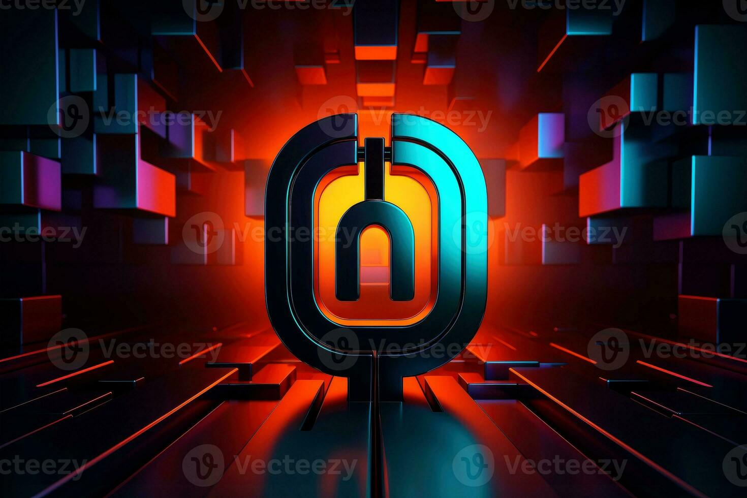 AI generated Abstract colorful neon padlock on black background, Generative AI photo